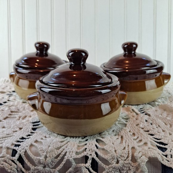 Unbranded Other - 3 Lidded Stoneware Bean Pot / French Onion Soup Pots